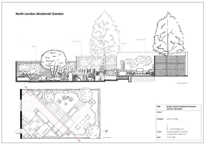 Modernist garden: section-elevation with location plan